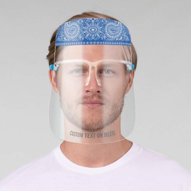 Blue Paisley Bandana Pattern Custom Text Face Shield (Insitu)