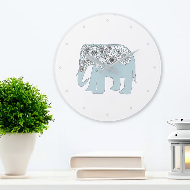 Blue Paisley Elephant Boho Chic Large Clock (Creator Uploaded)