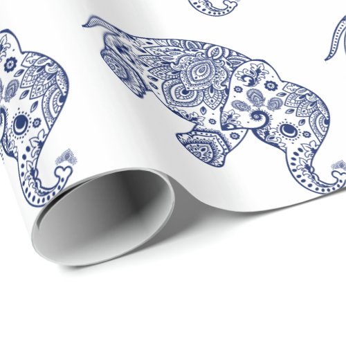 Blue Paisley Elephant White Background Wrapping Paper