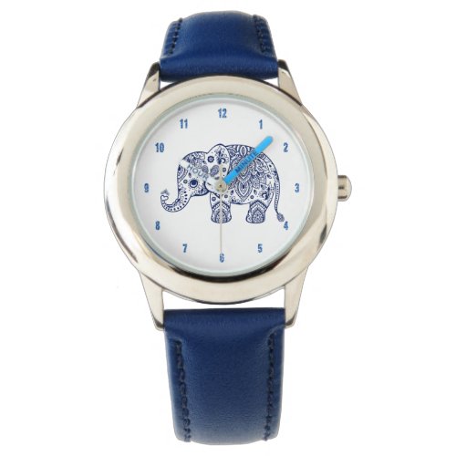 Blue Paisley Floral Elephant Illustration Watch