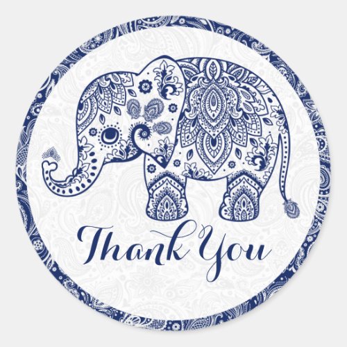 Blue Paisley Floral Elephant Thank You Classic Round Sticker