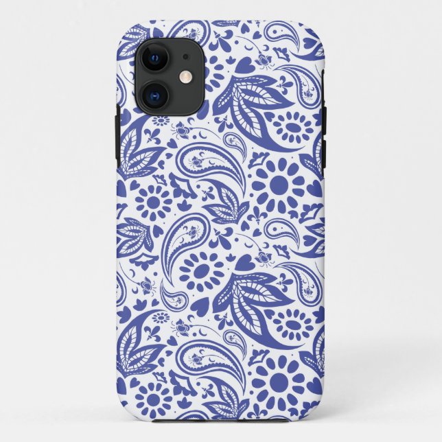Blue Paisley Flowers and Hearts Pattern on White Case-Mate iPhone Case (Back)