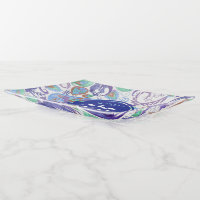 Blue Paisley Hebrew Fused Glass Challah Plate Tray