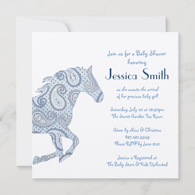 Blue Paisley Horse Baby Shower Invitation (Front)