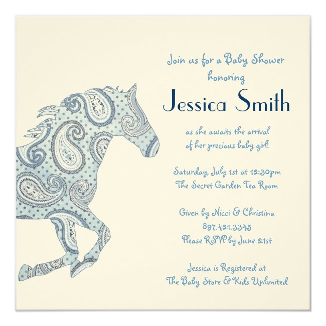 Blue Paisley Horse Baby Shower Invitation