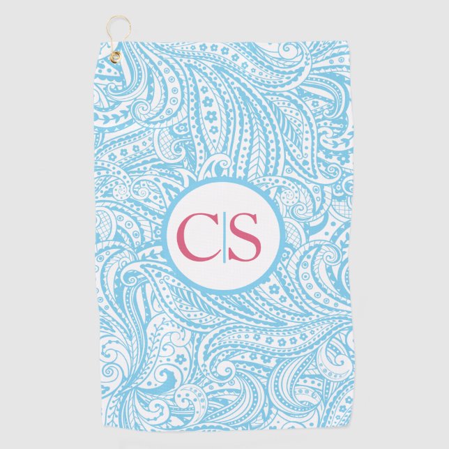 Blue Paisley Pattern and Pink Mongram Golf Towel (Front)