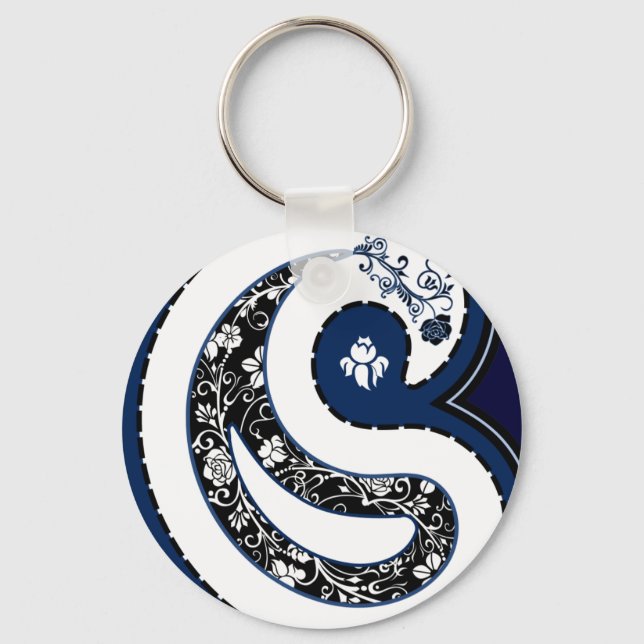 Blue paisley pattern ornate rose keychain (Front)