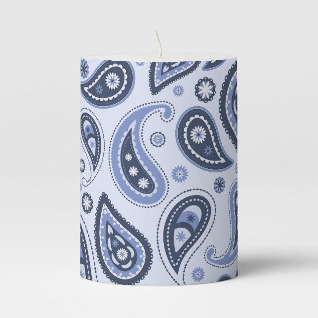Blue Paisley Pattern Pillar Candle (Front)