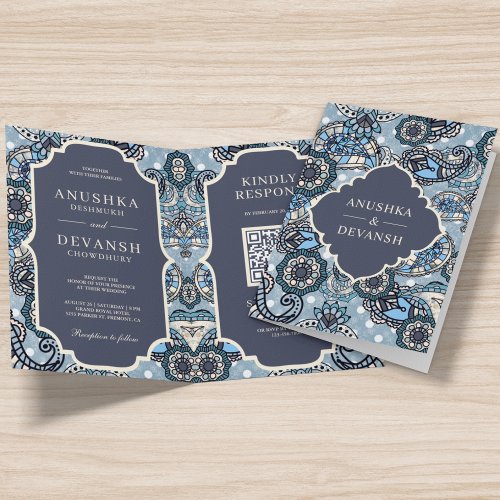 Blue Paisley Pattern QR Code Indian Wedding Invitation