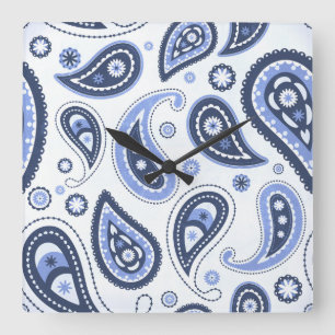 Blue Paisley Pattern Square Wall Clock