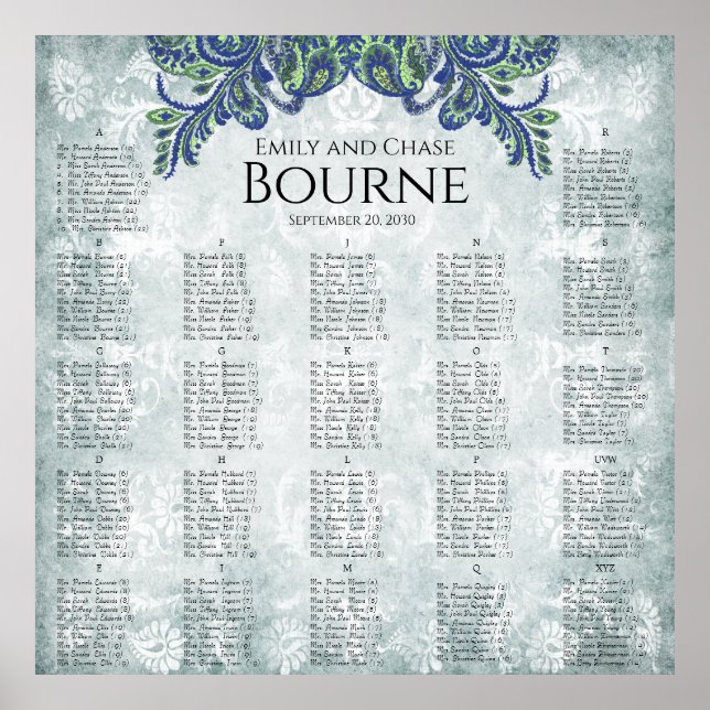 Blue Paisley Peacock Color Reception Seating Chart (Front)