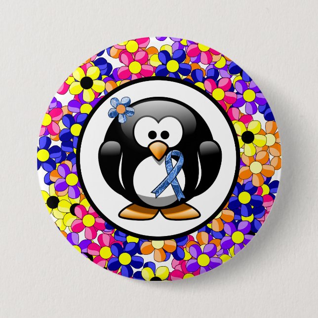 Blue Paisley Ribbon Penguin Pinback Button (Front)
