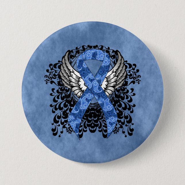 Blue Paisley Ribbon with Wings Pinback Button (Front)