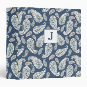 Blue Paisley Watercolor Pattern Monogram 3 Ring Binder