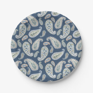 Blue Paisley Watercolor Pattern Paper Plates