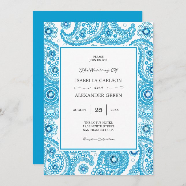 Blue Paisley With Diamonds Wedding Invitation (Front/Back)