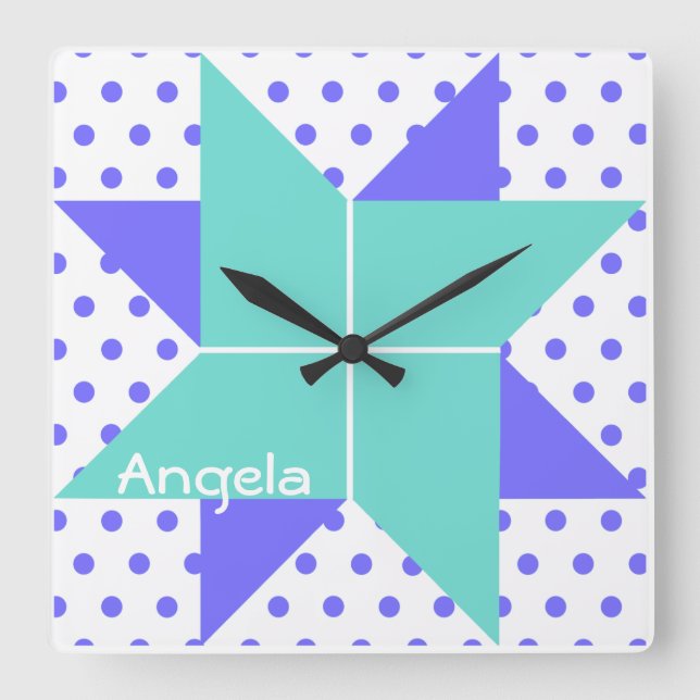 Blue Pale Star Quilt Block Pattern Square Wall Clock (Front)
