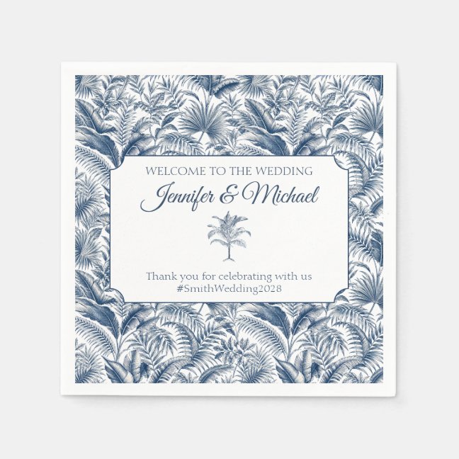 Blue Palm Botanical Custom Texts Wedding Napkins