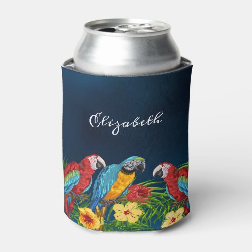 Blue palm leaves birds monogram can cooler