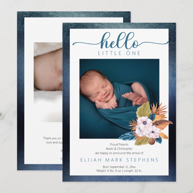 Blue Palm Leaves |Feathers 2 Photo Baby Boy Birth  Announcement (Front/Back)