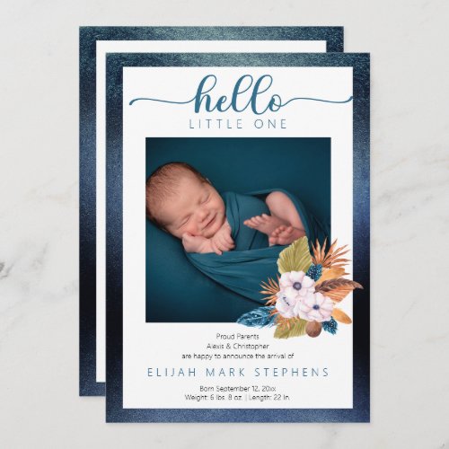 Blue Palm Leaves Feathers 2 Photo Baby Boy Birth  Announcement