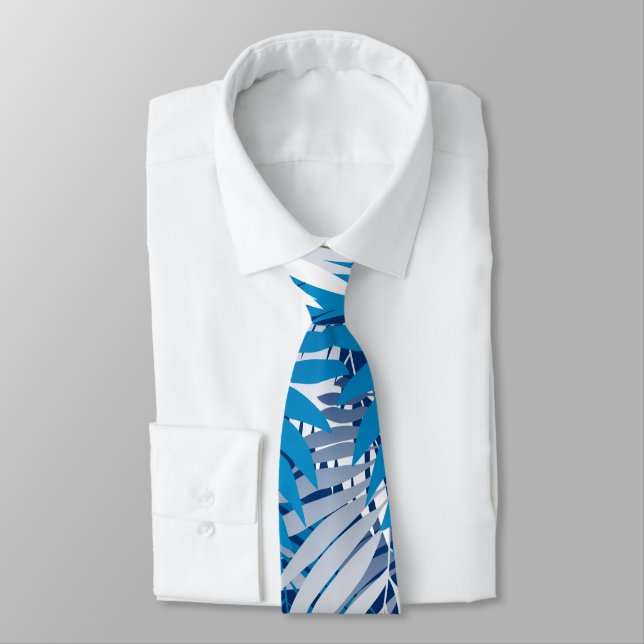 Blue palm leaves neck tie (Tied)