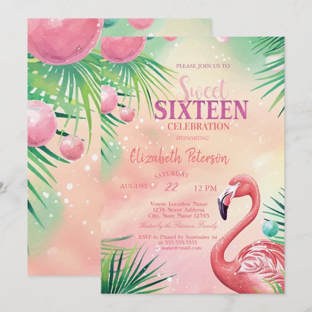 Blue Palm Leaves Summer Sweet 16 Invitation (Front/Back)