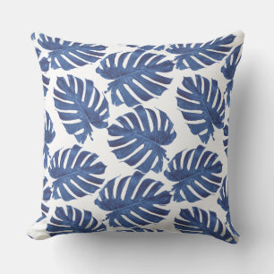 Blue palm leaves throw pillow