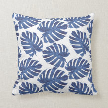 Blue palm leaves throw pillow