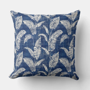 Blue Palm Leaves Throw Pillow