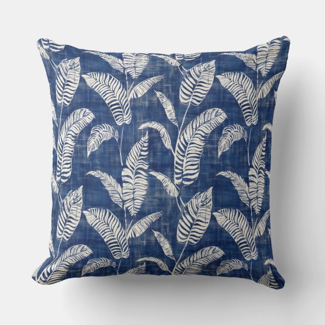 Blue Palm Leaves Throw Pillow (Front)