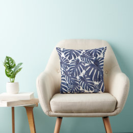 Blue palm leaves throw pillow