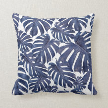 Blue palm leaves throw pillow