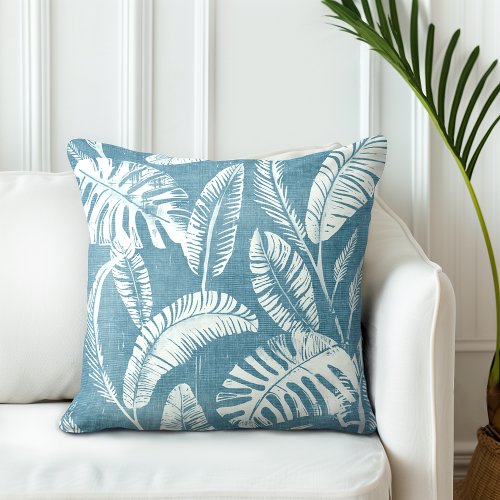 Blue Palm Leaves Throw Pillow