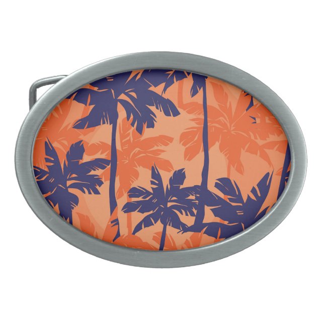 Blue palm silhouette, orange background belt buckle (Front)