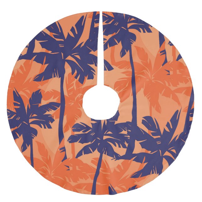 Blue palm silhouette, orange background brushed polyester tree skirt (Front)