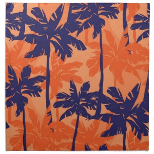 Blue palm silhouette, orange background cloth napkin