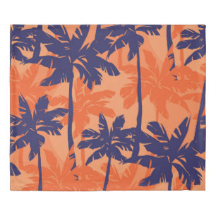 Blue palm silhouette, orange background duvet cover