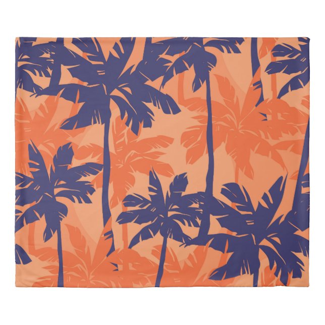 Blue palm silhouette, orange background duvet cover (Front)