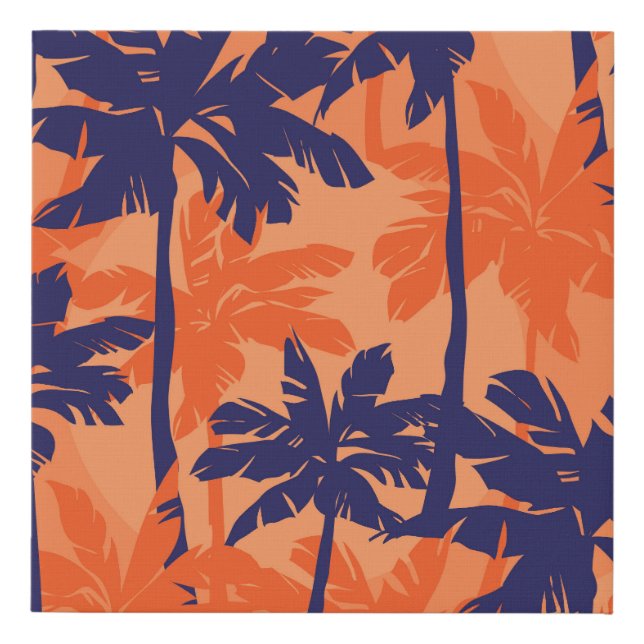 Blue palm silhouette, orange background faux canvas print (Front)