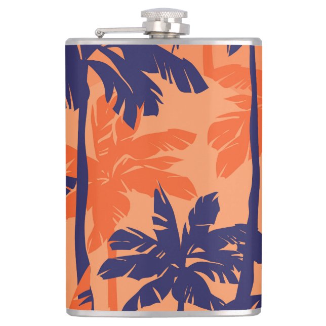 Blue palm silhouette, orange background flask (Front)