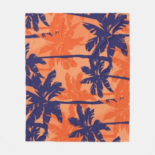 Blue palm silhouette, orange background fleece blanket