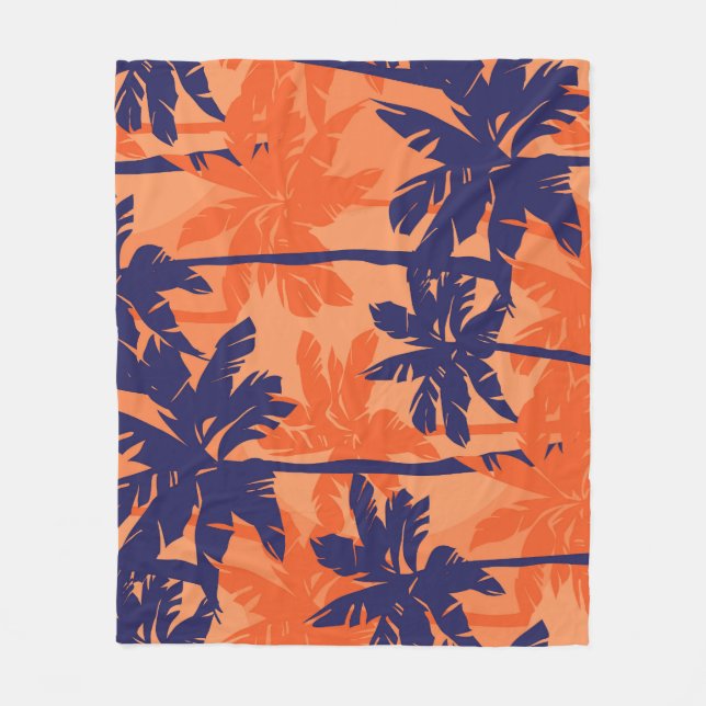 Blue palm silhouette, orange background fleece blanket (Front)