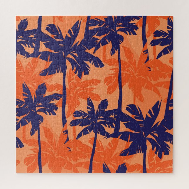 Blue palm silhouette, orange background jigsaw puzzle (Vertical)