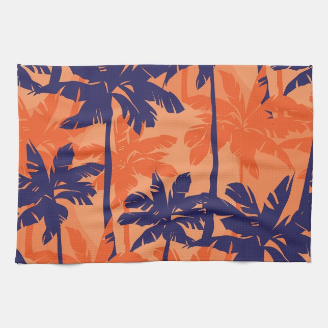 Blue palm silhouette, orange background kitchen towel (Horizontal)