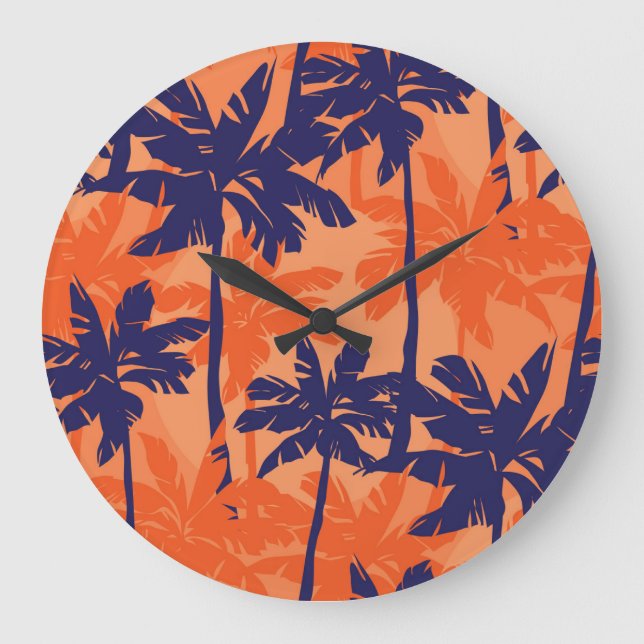 Blue palm silhouette, orange background large clock (Front)