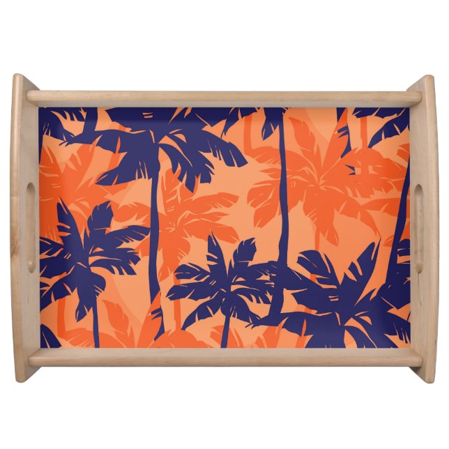 Blue palm silhouette, orange background serving tray (Front)