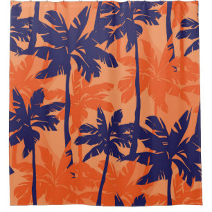 Blue palm silhouette, orange background shower curtain