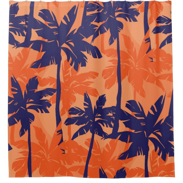 Blue palm silhouette, orange background shower curtain (Front)