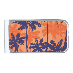 Blue palm silhouette, orange background silver finish money clip